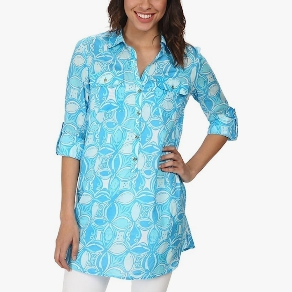 Lilly Pulitzer Captiva Tunic Top XS Half Button Ariel Blue What a Racquet